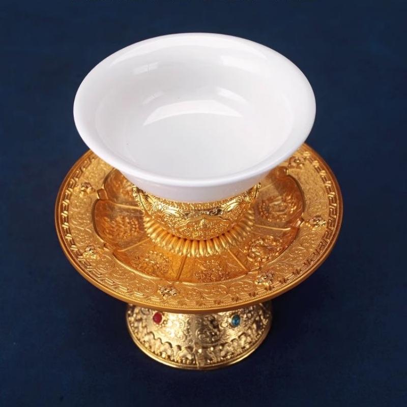 Tibetan Tantric Alloy Tall Tray Auspicious Tribute White Porcelain Buddhism Plate Home Gift Indoor Altars Desktop Decorative