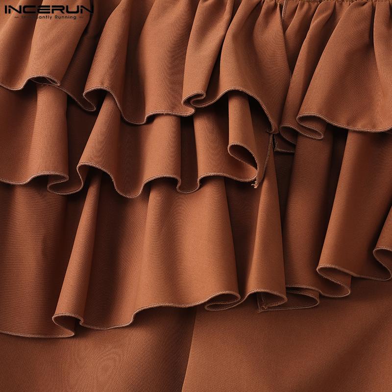 INCERUN Men Zipper Waist Irregular Ruffled Layers Casual Capri Pants