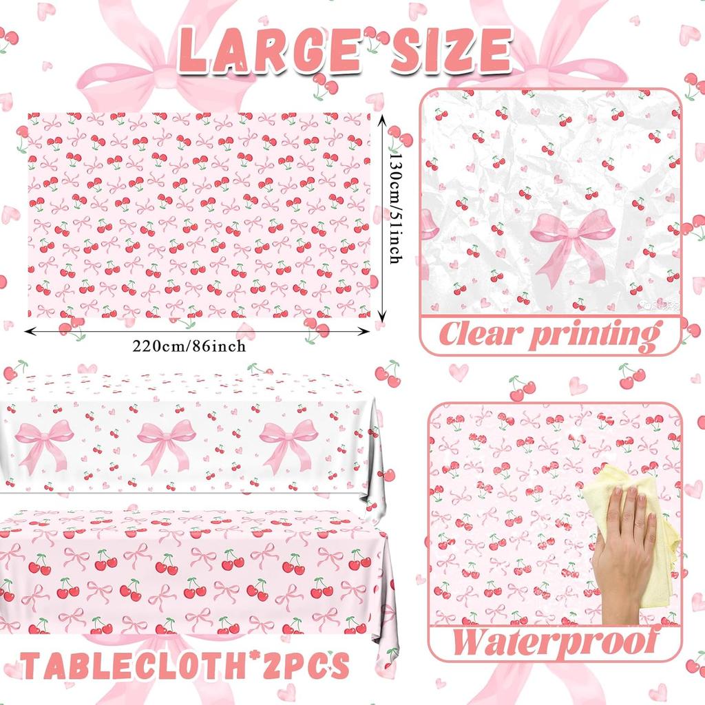 Bow Table Cloth,2 PCS Cherry Tableclothes,Pink Bow Waterproof Disposable Plastic Tablecovers for Birthday Bridal/Baby Shower Cherry-Themed Party
