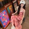 Temperament plaid suspender skirt women's early spring seaside vacation style red waist dress hip skirt long dress