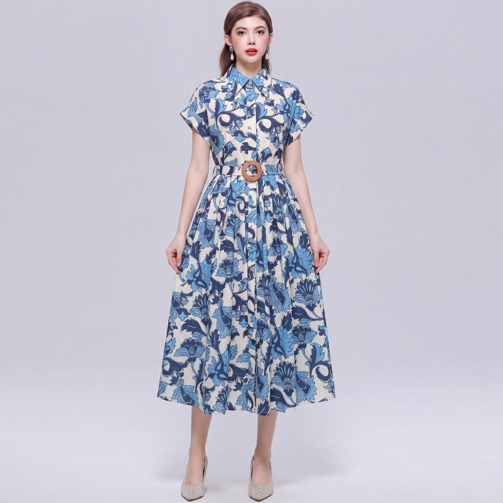 Summer Floral Print Shirt Dress for Women Short Sleeve Maxi Sundress with Lapel Neck Buttons Vintage Fashion Belted Robe