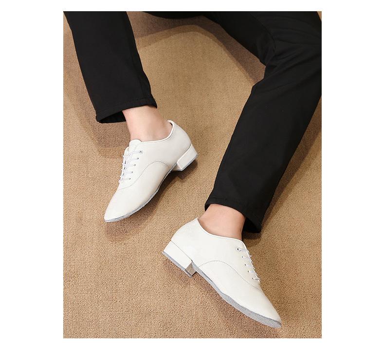 Men's Black & White Shiny Leather Low Heel Modern Dance Shoes with Soft or Fur Sole