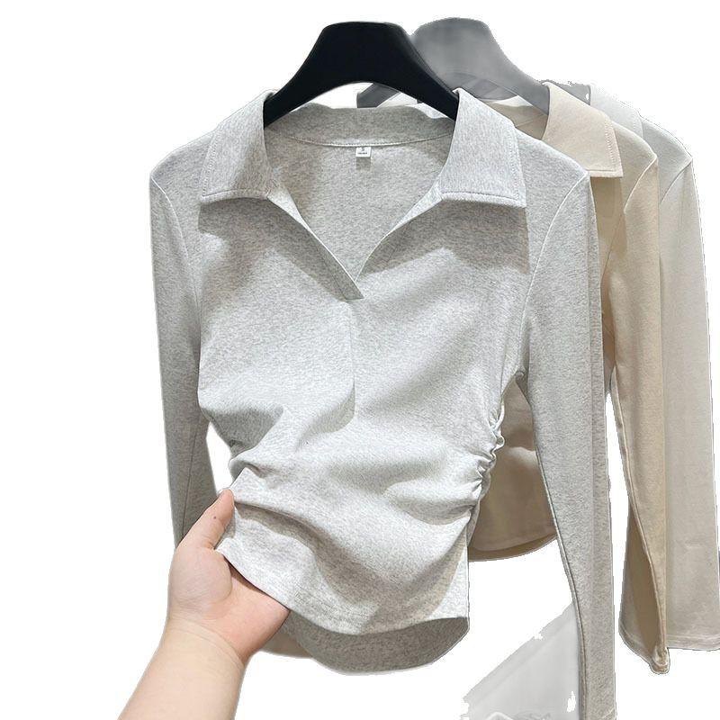 Spring and Autumn New POLO Neck Long Sleeve Women's Slim Skinny Versatile Waist Shoulder T-Shirt