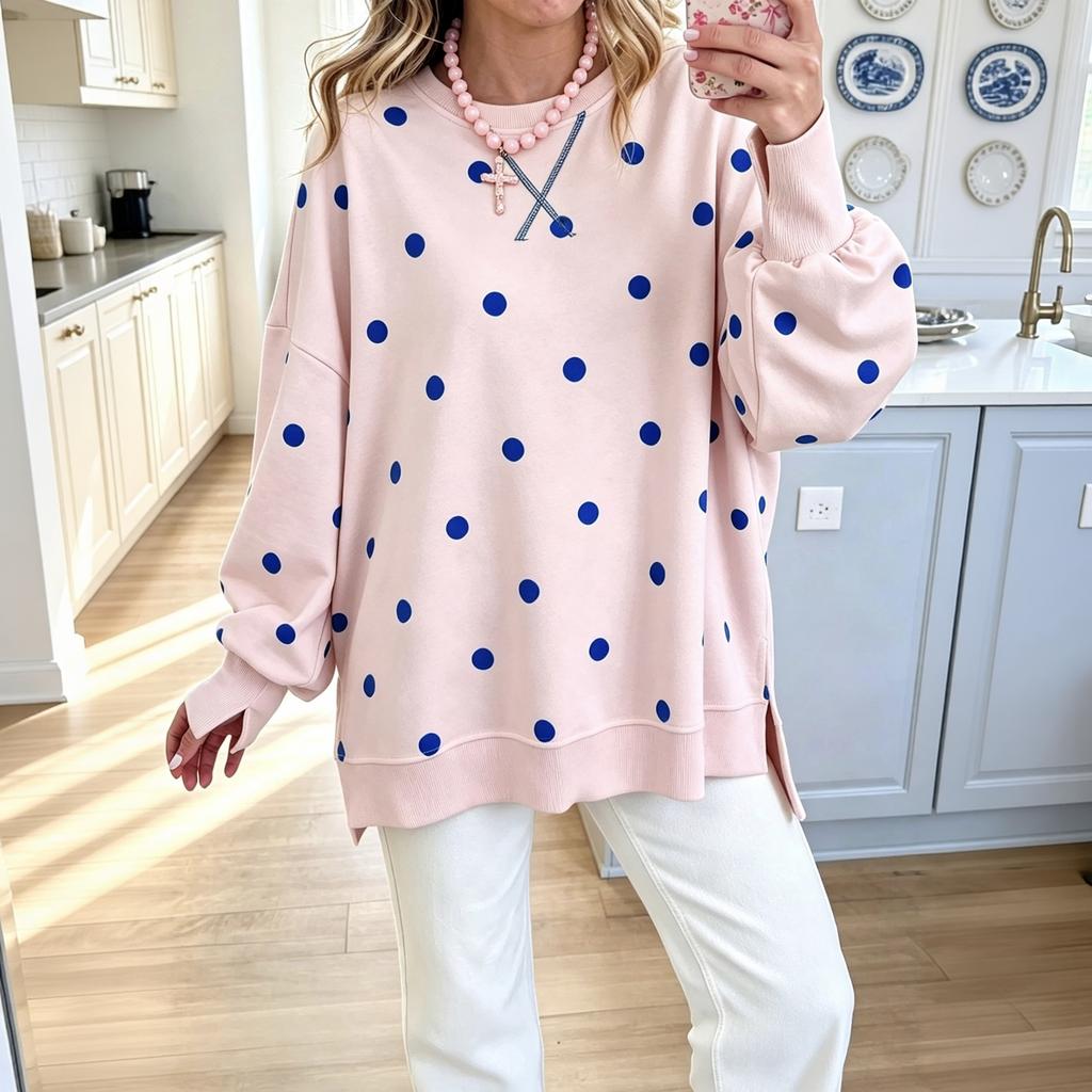 Damen Freizeit Pullover mit langen Ärmeln und Polka-Dot-Muster, lockere Passform