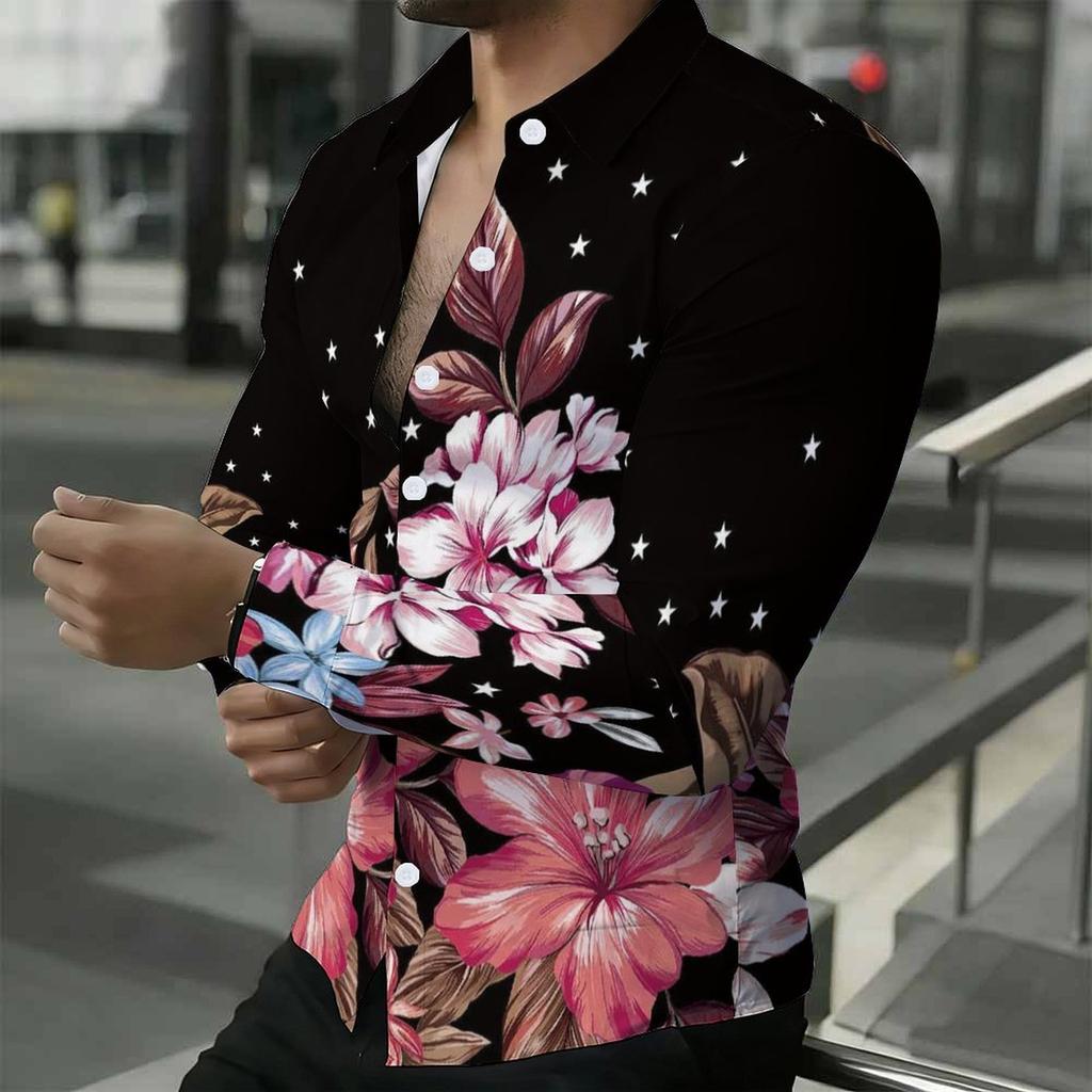 Men Collared Shirt Black Pink Floral White Star Print Long Sleeve Button Down Top