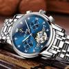 OLEVS Automatic Mechanical Business Hollow Openwork Stainless Steel Gift for Blue Men's Watch, Wristwatch, Dial, Design, Waterproof, Luminous, Band,