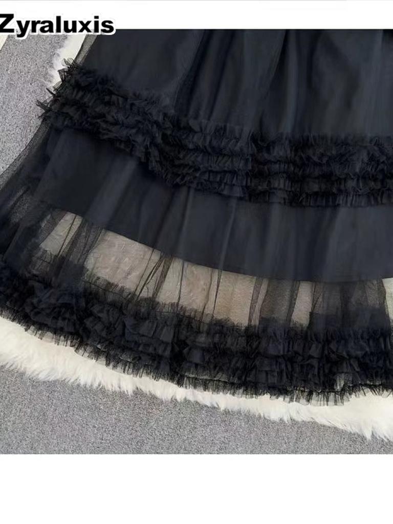 Autumn Sweet Retro Court Wood Ear Patchwork Irregular Cake Puffy Skirt Fairy Lace Mesh Half Skirt