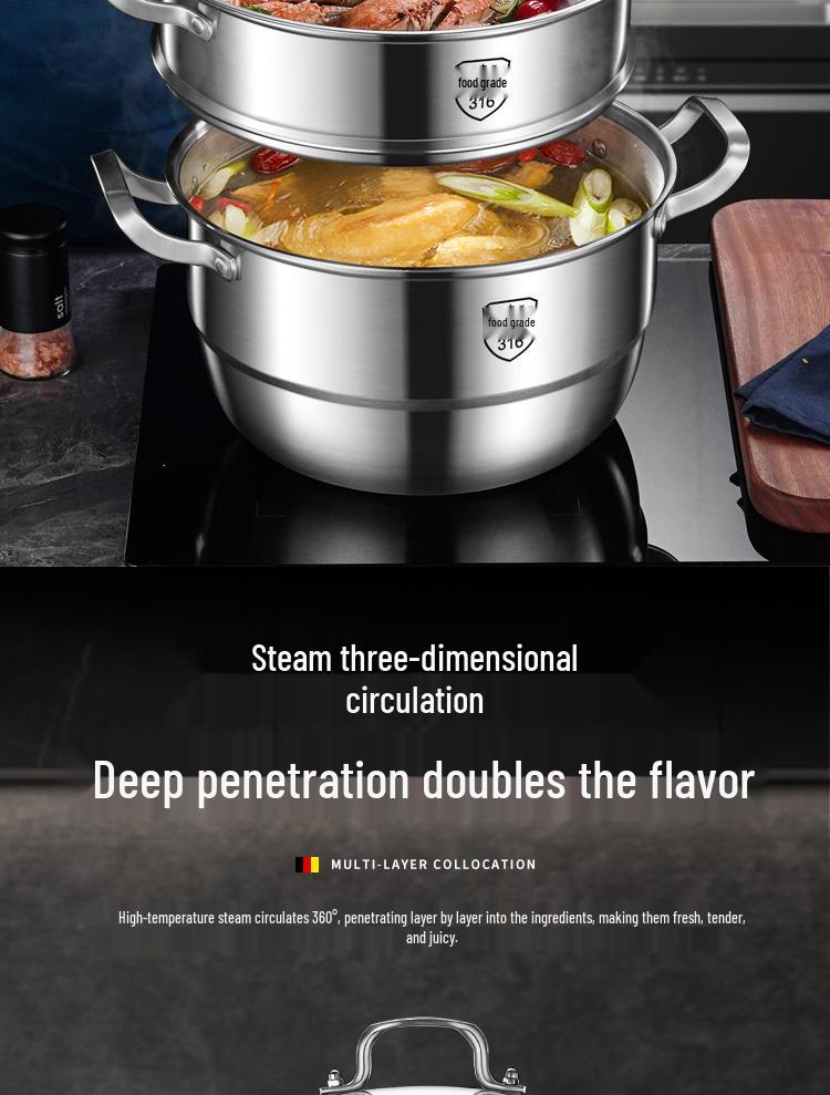 Tall and Thick 316 Stainless Steel Multi-Layer Steamer Pot with Integrated Molding and Food-Grade Steaming Basket