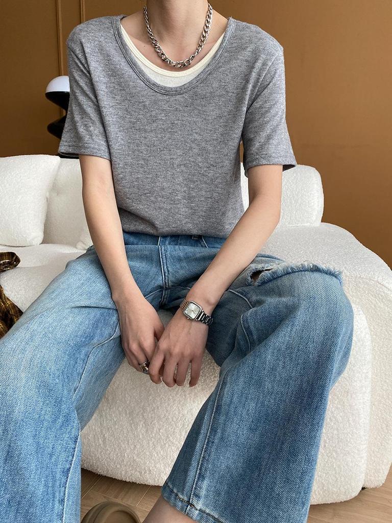 Sinan Casual Blogger Style Round Neck Two-Piece Knit T-Shirt (Short-Sleeved) - SN5531