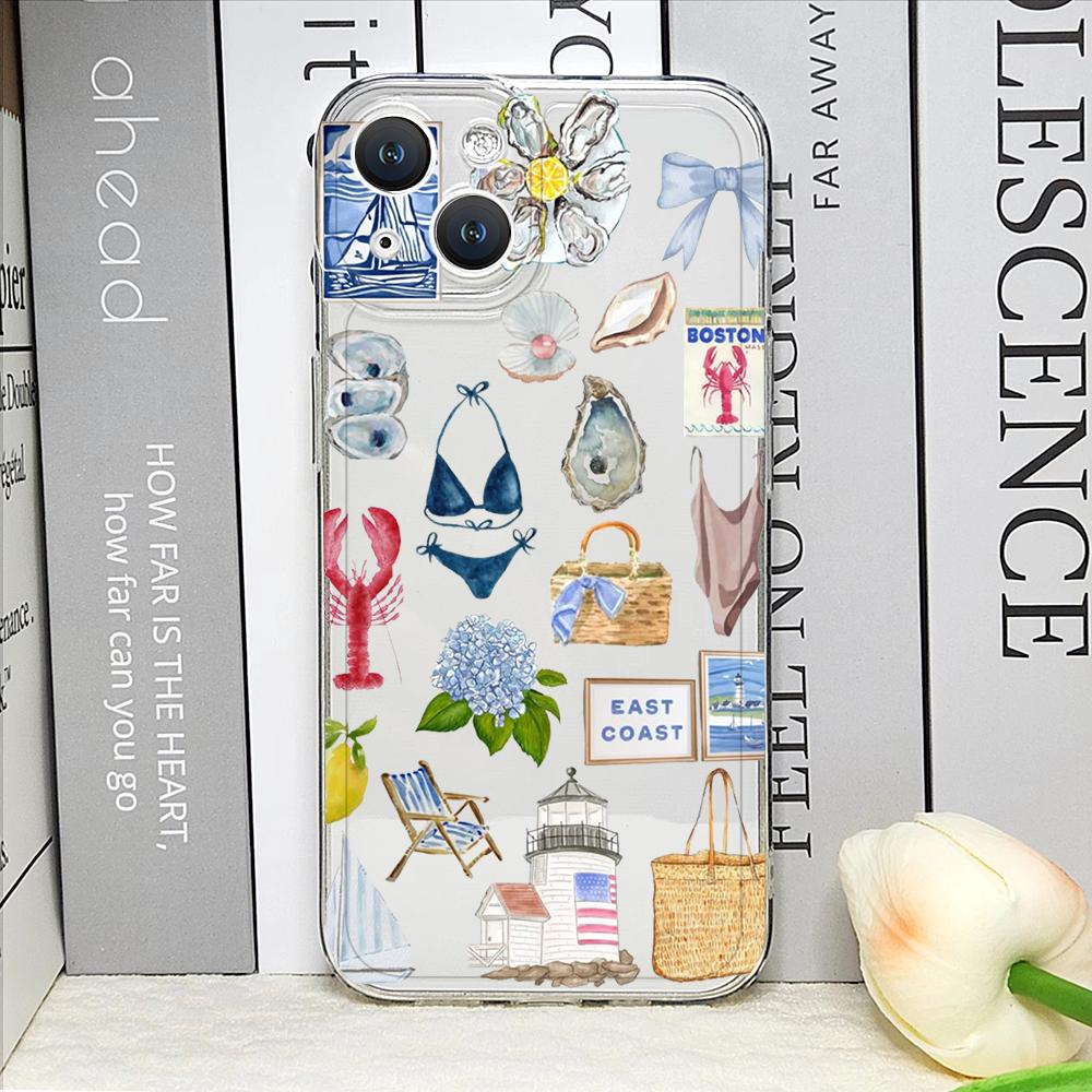 Transparent Seaside Scenery Wine Lemon Girls Phone Case for IPhone 16 11 12 13 14 15 Pro Max 7 8 14 Plus 16E X XS Art Soft Cover