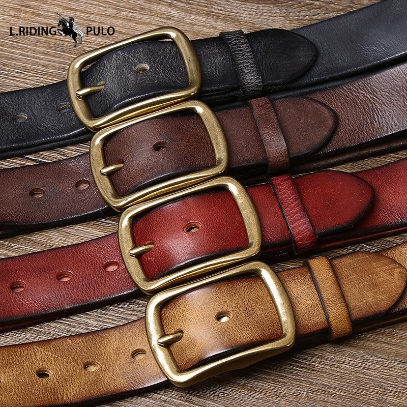 Men's Genuine Leather Belt Retro Distressed Pleated Copper Buckle Korean Style Casual Jeans Belt