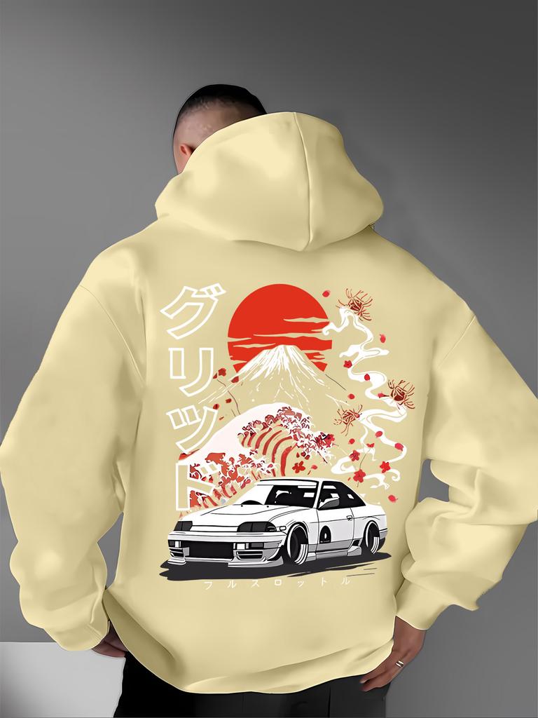 Japanese JDM Hip-hop Loose Streetwear Hooded Sweatshirt with "Mount Fuji" Pattern Print, Winter Fleece Pullover Shirt