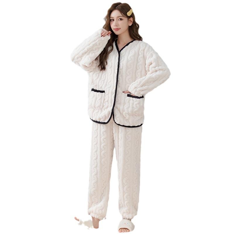 Høst og vinter Coral Velvet Pyjamas Set 3D Jacquard Flanell Langermet Cardigan Home Wear