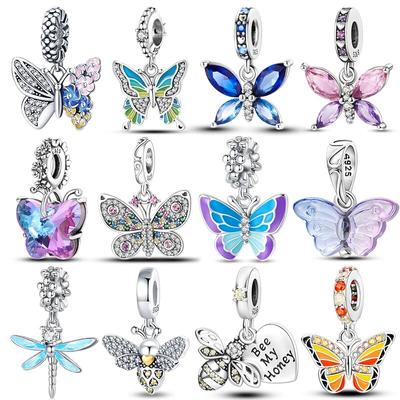 Echtes 925 Sterling Silber Bunte Schmetterling Libelle Charms Perlen FitNeue 925 Original Armbänder Feine DIY Schmuck Machen
