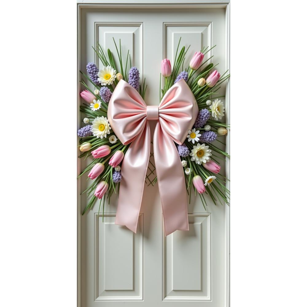 Spring Bow Wreath Door Cover Floral Banner Ribbon Bow Door Lining Background 2025 New Home Party Decoration Pink Purple