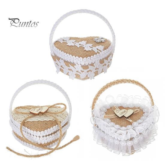 Tragbare Ringbox in Herzform, Spitzendekor, Eheringkissen, Innenteil aus weichem Schaumstoff, Ringkorb mit Tragegriff