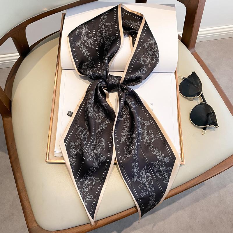 Long small silk scarf women's spring, autumn and summer black neck protection scarf with shirt streamer ribbon belt thin scarf
