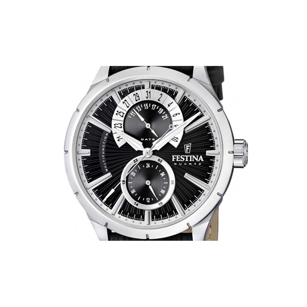 FESTINA Wielofunkcyjny męski zegarek kwarcowy z czarną tarczą w stylu retro, skórzanym paskiem F16573-3