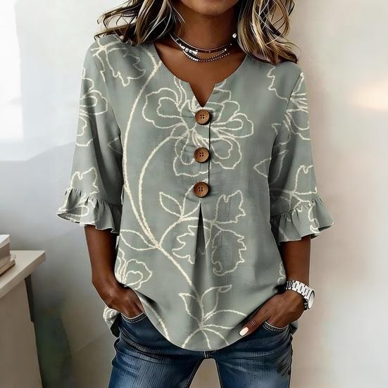 Women T-shirt Regular Fit V-Neck Half Sleeve Summer Tee 3D Digital Flower Print Pullover Tops Daily Wear