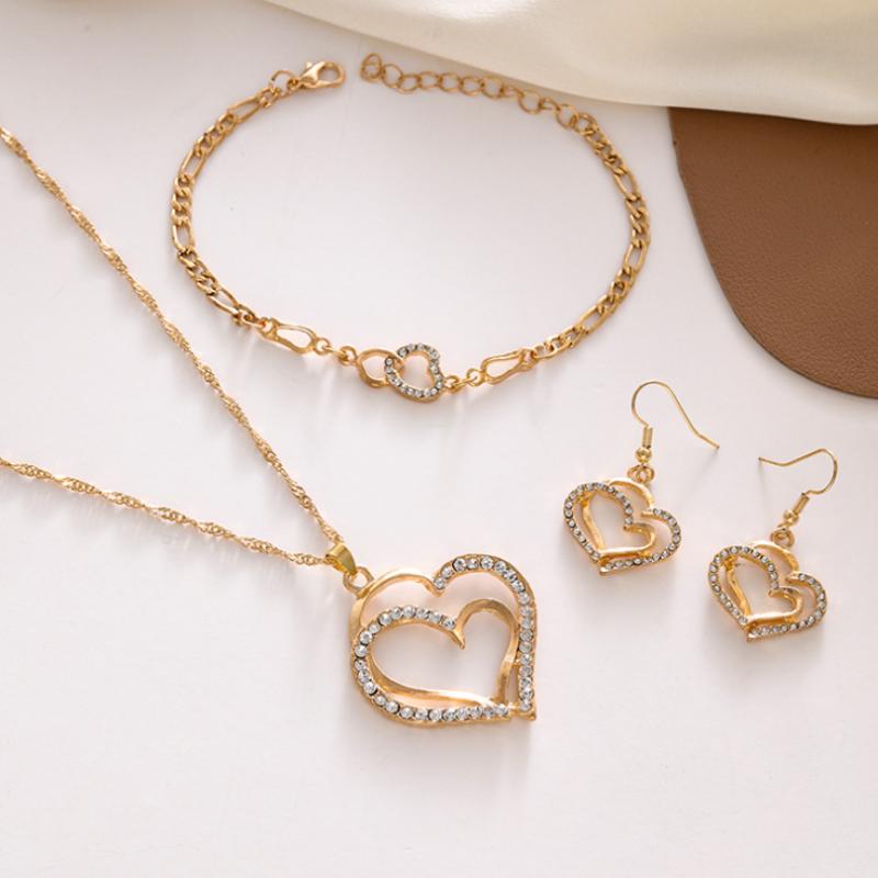 Exquisite Double Heart Necklace Earrings Bracelet Jewelry Set Charm Ladies Jewelry Fashion Bridal Accessory Set Romantic Gifts