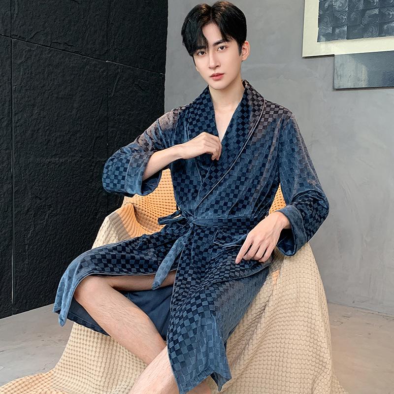 Men's Mid-Length Checkered Velvet Bathrobe - Golden Velvet, Autumn/Winter, Korean Style.