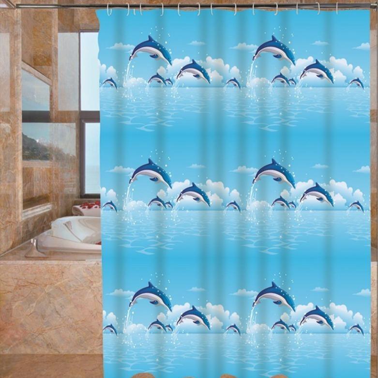 Shower Curtains Cartoon Dolphin Print Waterproof Bathroom Curtain Quick Dry Blue Children Curtain For Toilet With Hooks 200Cm