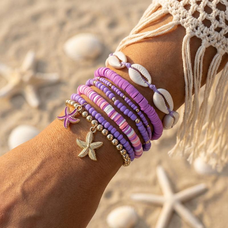 1 Set Summer Ocean Blue Beads Strand Hand Chain Bohemia Starfish Shell Beaded Bracelets For Women Jewelry Beach Vacation Gift