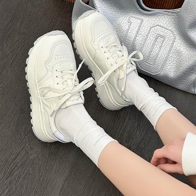 Muffin Platform White Shoes Women's Spring New Casual Sports Waffle Shoes Leather Breathable