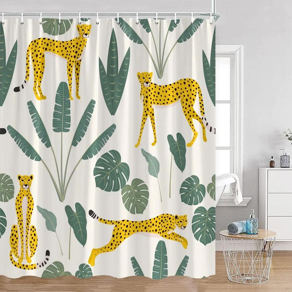 Tropisches Tier Duschvorhang Leopard Wildtier Flamingo Papagei Zebra Grüne Pflanze Palmenblatt Badezimmer Vorhang Dekoration