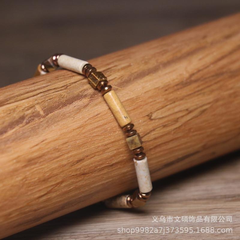 Picture Jasper Tiger Eye Tube Bead Bracelet – Copper Accent Boho Jewelry, Grounding Courage Gift for Men Women
