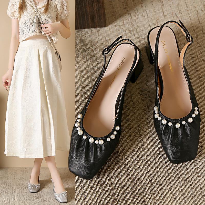 

Женские сандалии Med Летние туфли с закрытым носком на высоком каблуке с пряжкой на ремне Эспадрильи Платформа для девочек Средний острый носок Комфорт Высокий каблук 34 чёрный