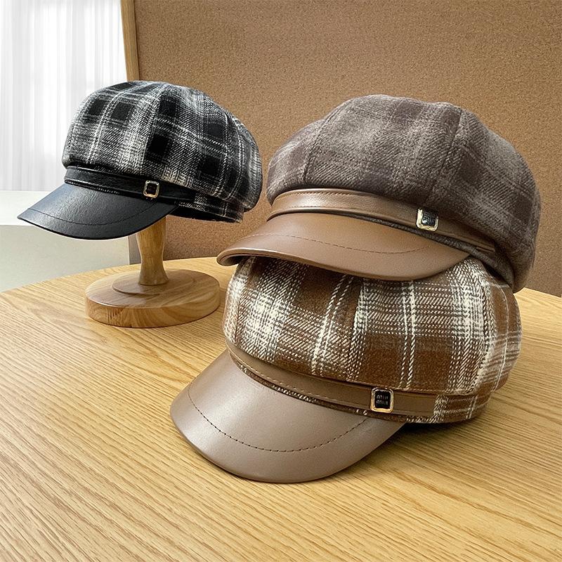 New PU Leather Brim Checkered Octagonal Cap for Children's Autumn and Winter Outings Elegant Beret Retro Casual Newsboy Cap