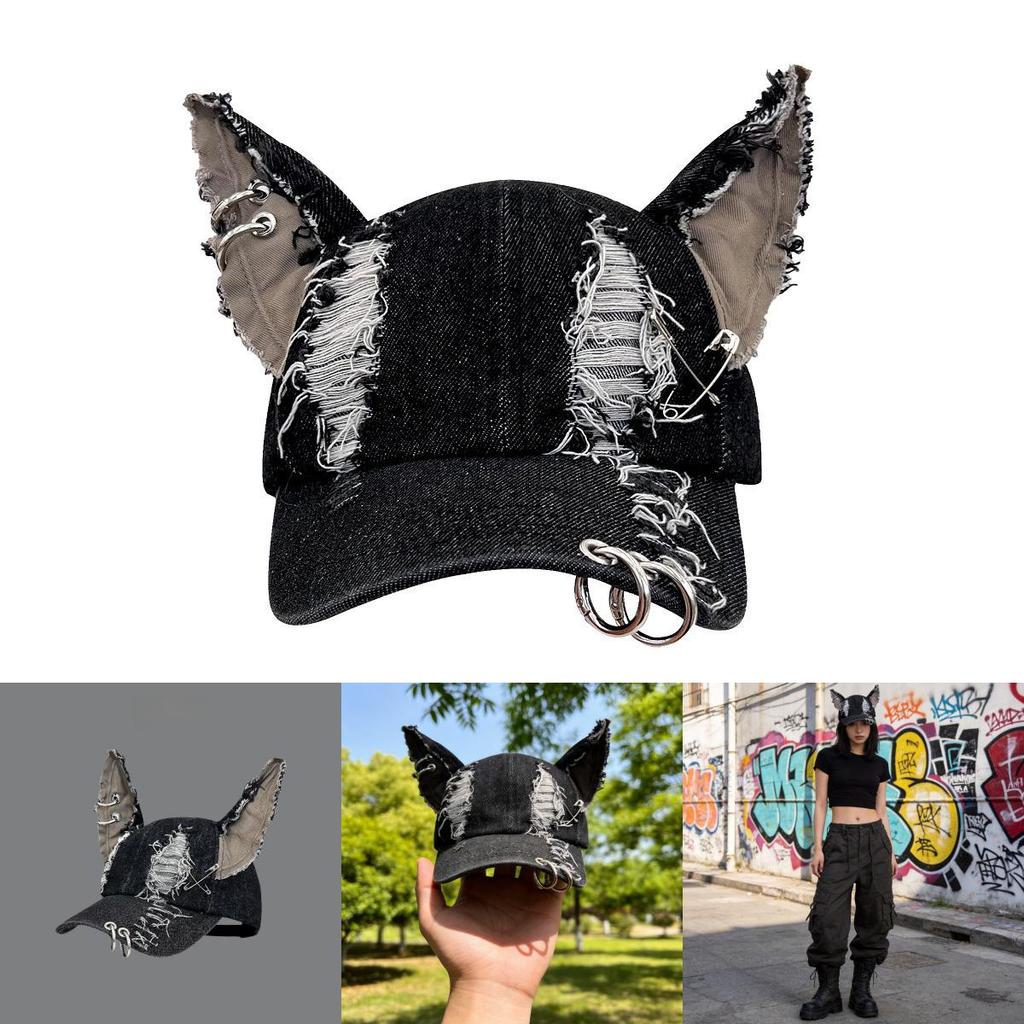 Y2k Postapocalyptic Style Denim Distressed Cap With Sun Protection For Streetwear Enthusiasts