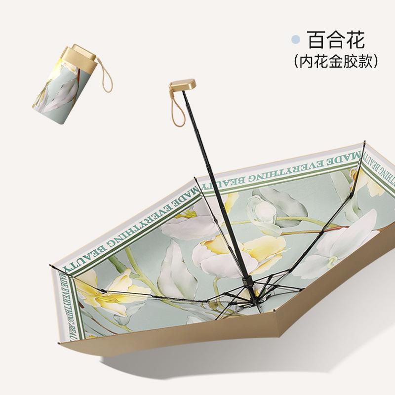 New Flat 60% Fold Pocket Umbrella, Sun Card Umbrella, Gold Glue Sun Protection and Anti-parasol, Small Fresh Umbrella, Women's Folding Umbrella.