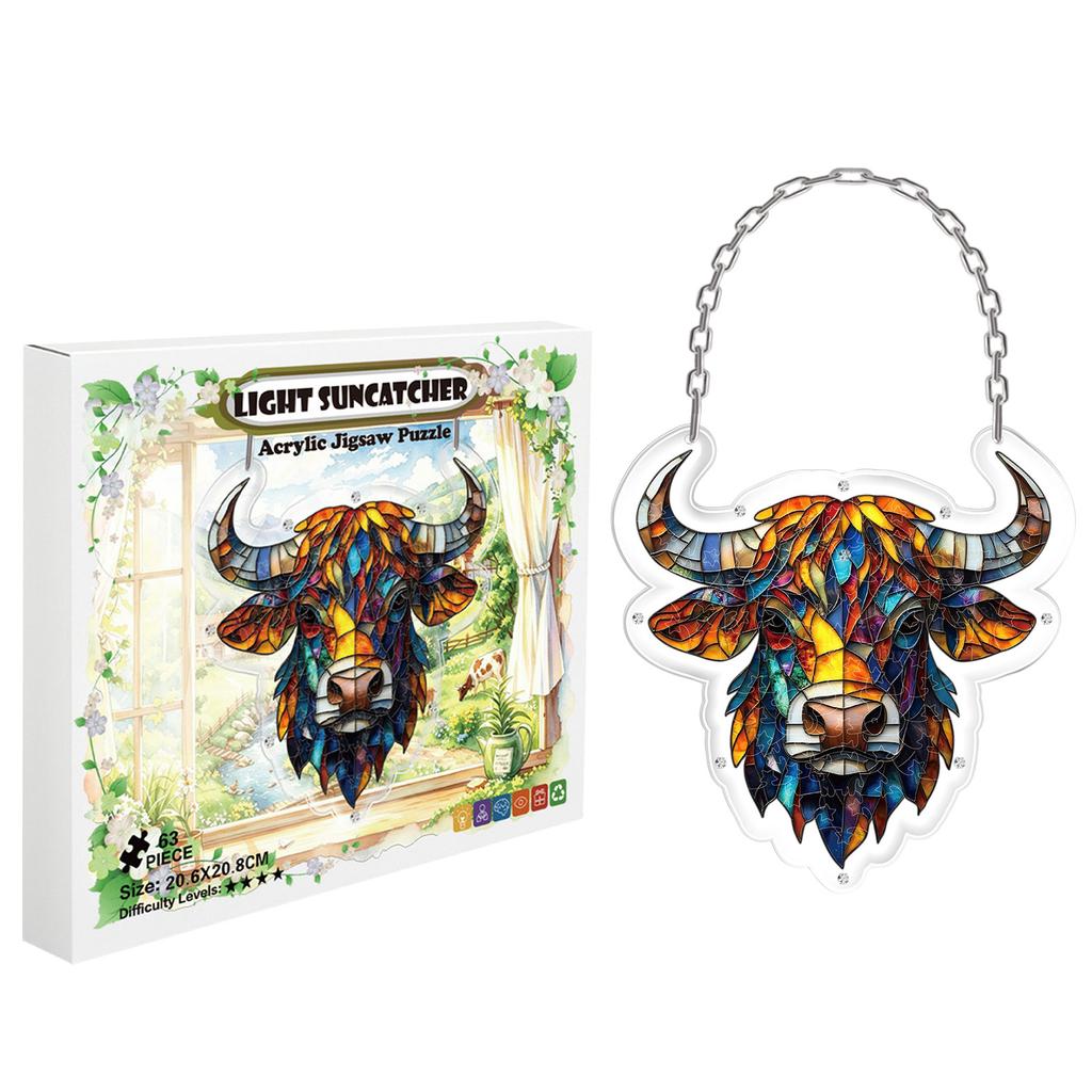 Suncatcher Window Hanging Acrylic Puzzle Ornament with Golden Bull Design for Home Decor