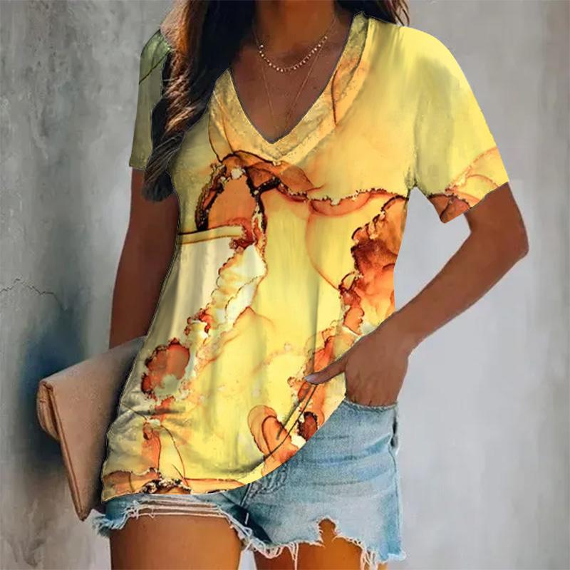 Damen Neues Kurzarm-V-Ausschnitt-T-Shirt mit gedrucktem Farbmuster, Übergroßes Damenoberteil im Y2K-Stil, Atmungsaktives T-Shirt