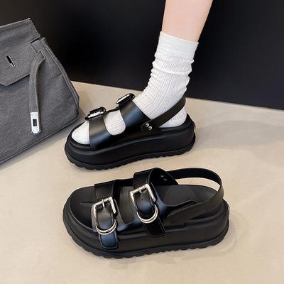 Black One-word with Sports Platform Sandals Women's 2025 New Summer Wear Light Soft Sole Heightening Roman Shoes