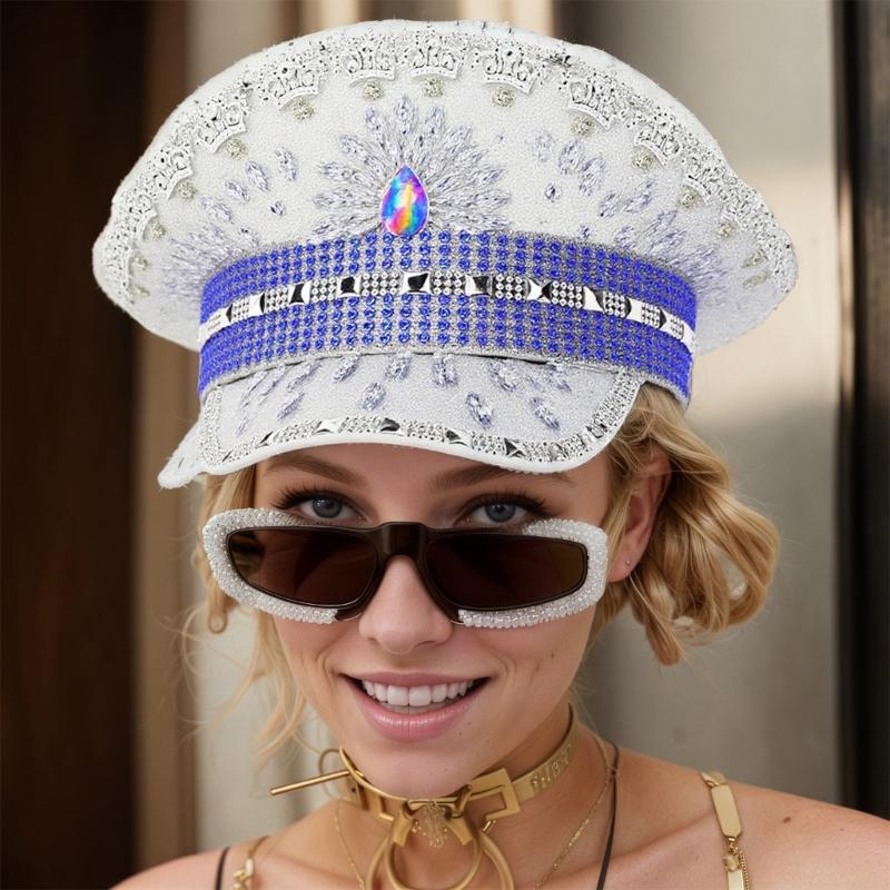 Jeweled Crystal Captain Hat Bride Hat Sailors Hat for Bachelorette Party Headwear Headgear for Club Stage