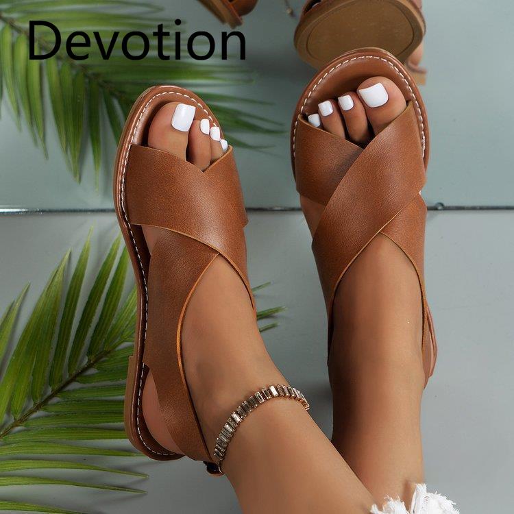 Cross Strap Flat Sandals Women Vintage Style Wide Strap Stripes Open Toe Beach Sandals Slippers Devotion