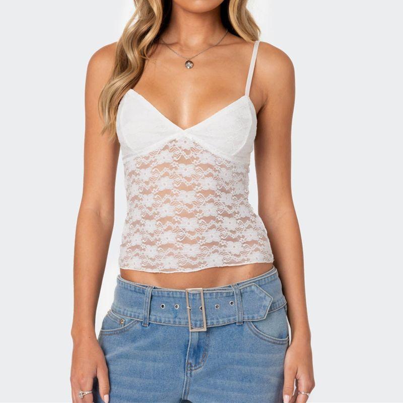

Fashion Sexy Wind Bows Lace V-neck Sling Vest Female Summer Sexy Perspective Waist Slim Looking Midriff-Baring Top White L