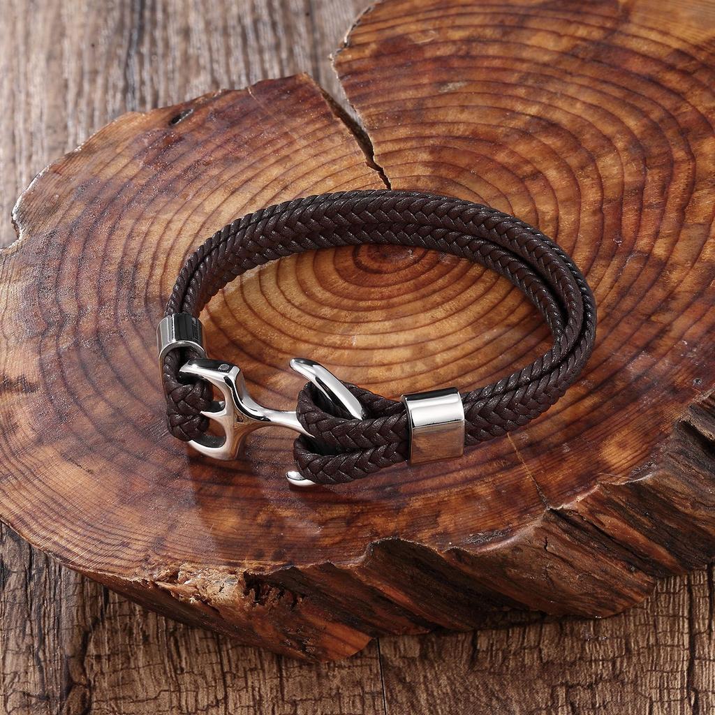 European and American Men's Leather Bracelet Woven Anchor Stainless Steel Leather Bracelet Leather Rope Trend