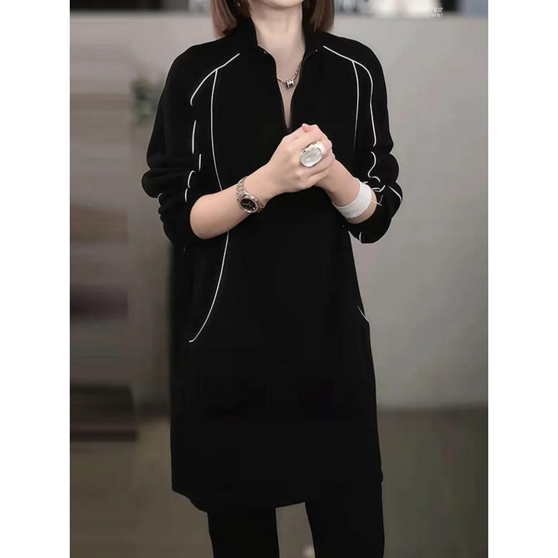 

Women s Casual Office Loose Fit Midi Tunic Top V-neck with White Piping Trim Side Pockets Black L чорний
