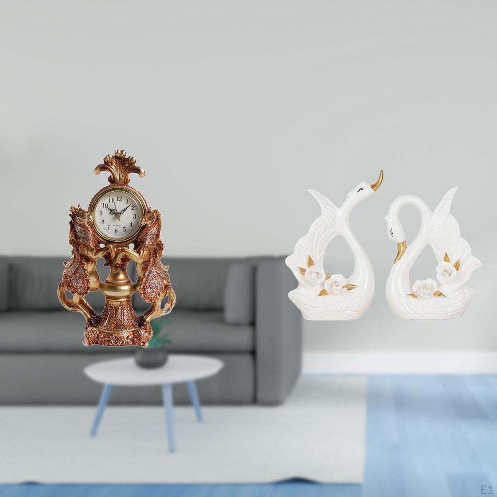 Graceful Swan Horse Clock Ceramic Animal Figurine Collection for Living Room Desk Shelf Cabinet