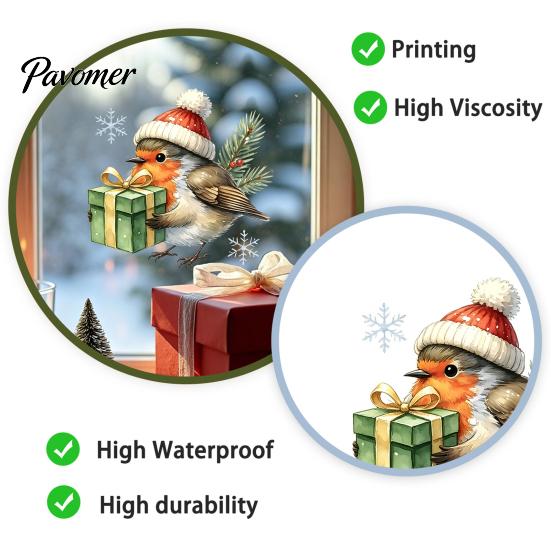Waterproof PVC Glass Film Christmas Bird Static Window Clings, Decals with Santa Hat And Decorative Stickers for Home Gift Box, Removable Holiday Door