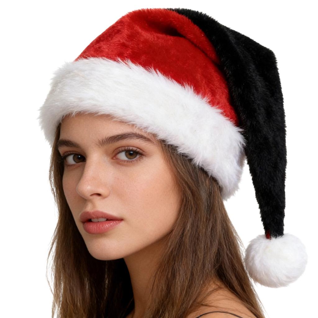 Unisex Red and Black Patchwork Plush Hat for Adults Kids Christmas Party Gift