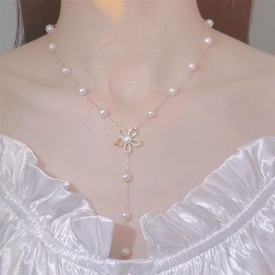 Women Necklace Sparkling Rhinestone Flower Dainty Elegant Beaded Lustrous Faux Pearl Clavicle Necklace Fashion