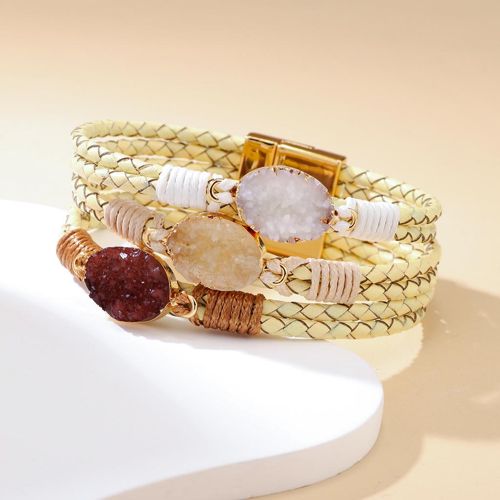Bohemian Multi-Layer Braided Leather Bracelet with Natural Stone & Magnetic Clasp for Women Fashion Jewelry Gift