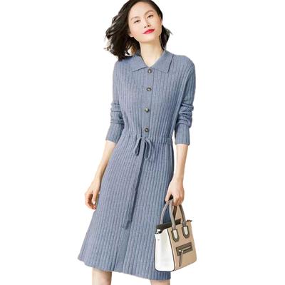 Women Knitted Dresses Female Long Sleeve Dress Autumn Winter Turn-down Collar Button Slim Dresses