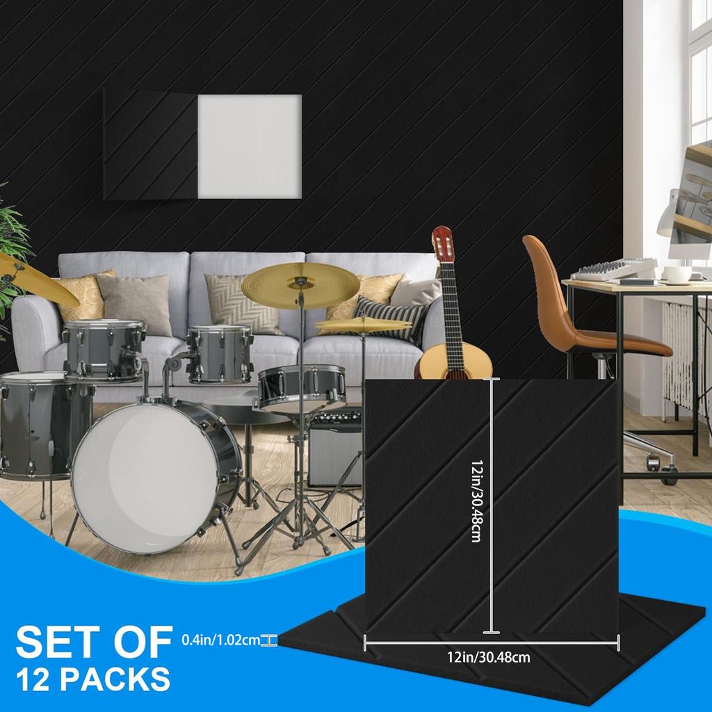 12 Pack Sound Insulation Foam Panels Polyester Texture Acoustics Treatments Wall Tiles Perfect for Living Room Studios
