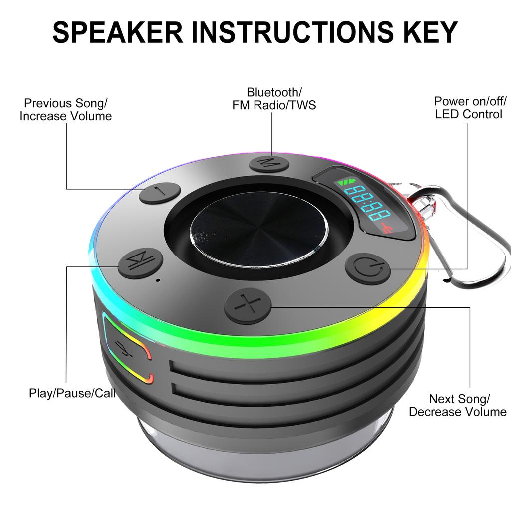 Waterproof Shower Speaker with Suction Cup/RGB Light Bluetooth-Compatible 5.2 Stereo Subwoofer for Bathroom Party Travel Outdoor